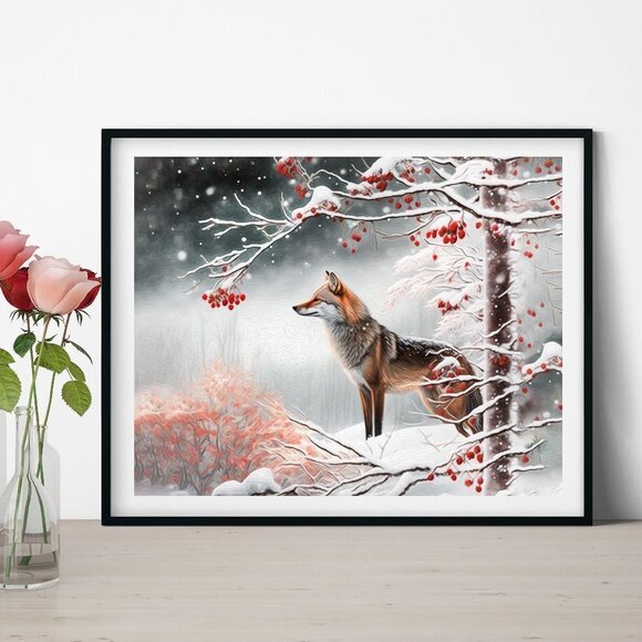 Fox Winter Landscape Snow Covered Trees‎ Watercolor Oil Painting Art Print - Picture 2 of 10
